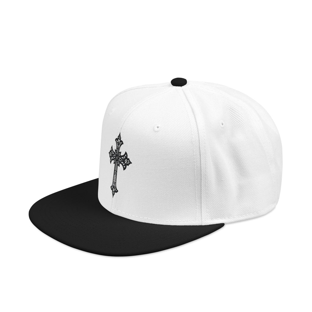 Embroidered Gothic Cross Snapback Hat — Black & White Streetwear Cap