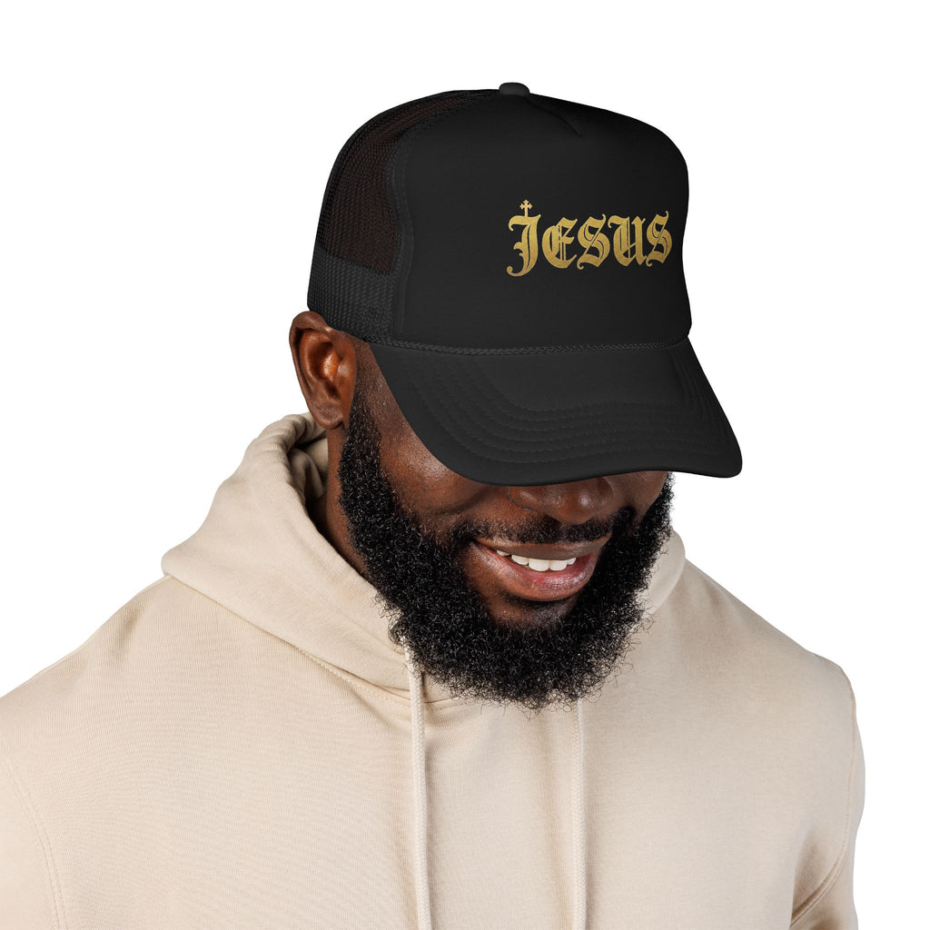 'Jesus' Gothic Font Trucker Hat — Gold Gothic Foam Cap