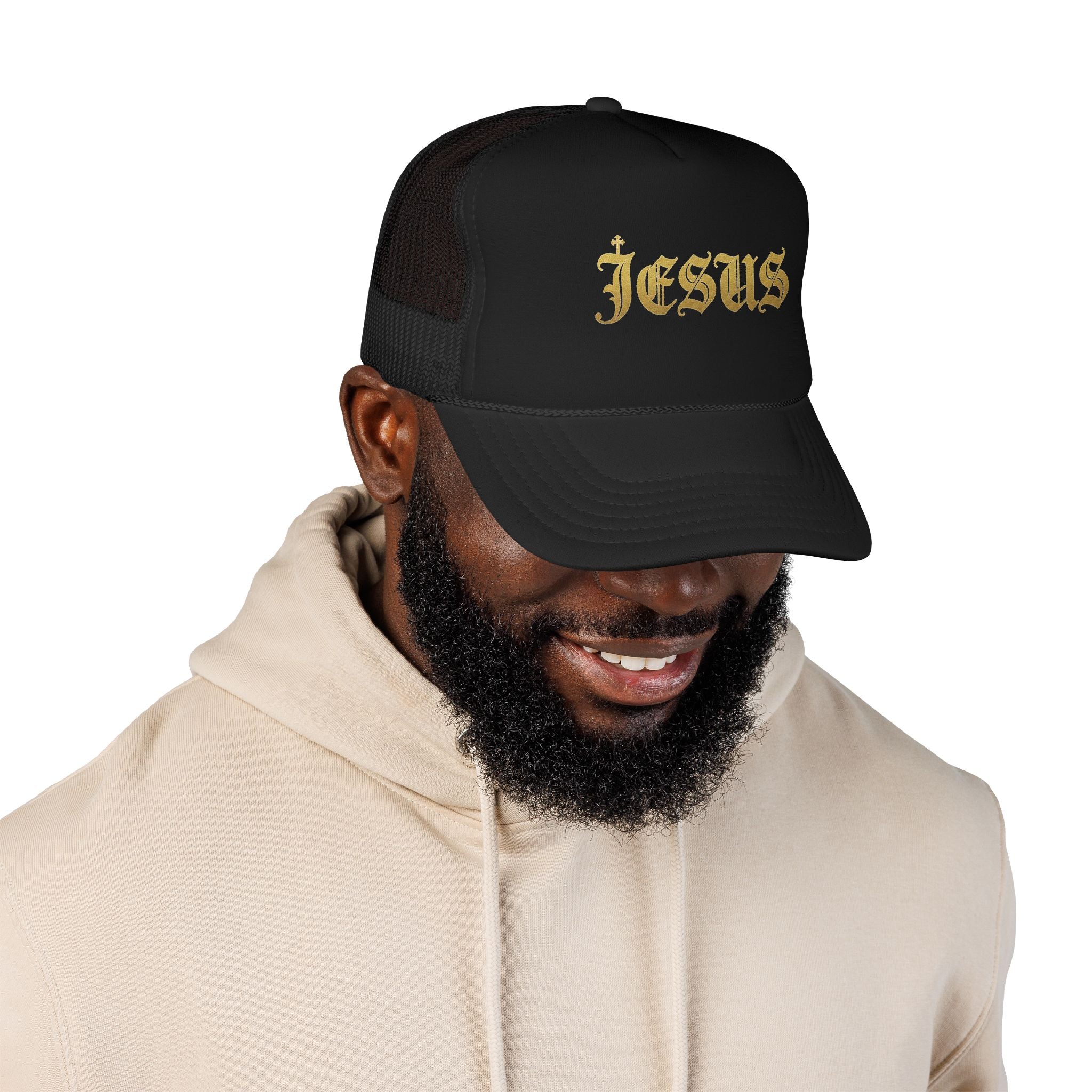 'Jesus' Gothic Font Trucker Hat — Gold Gothic Foam Cap