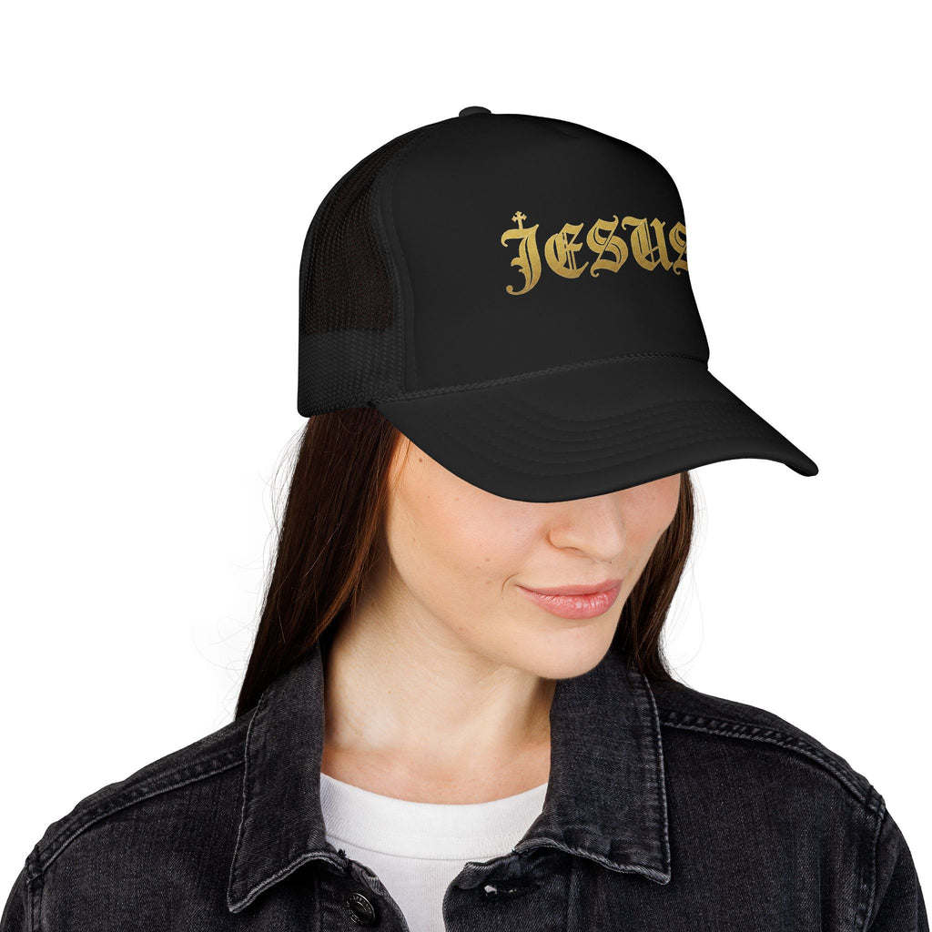 'Jesus' Gothic Font Trucker Hat — Gold Gothic Foam Cap