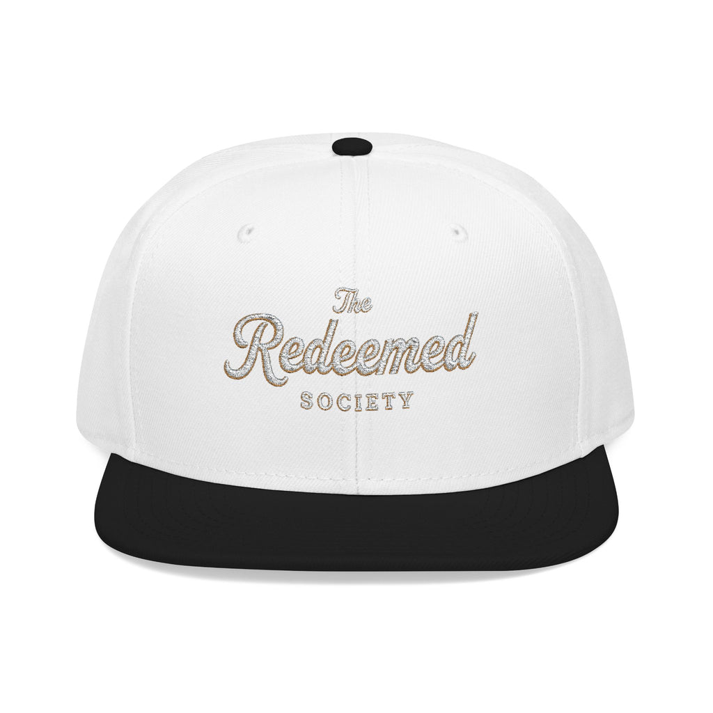 Diamond Script 'The Redeemed Society' Snapback Hat — White/Black Embroidered Baseball Cap