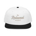 Diamond Script 'The Redeemed Society' Snapback Hat — White/Black Embroidered Baseball Cap