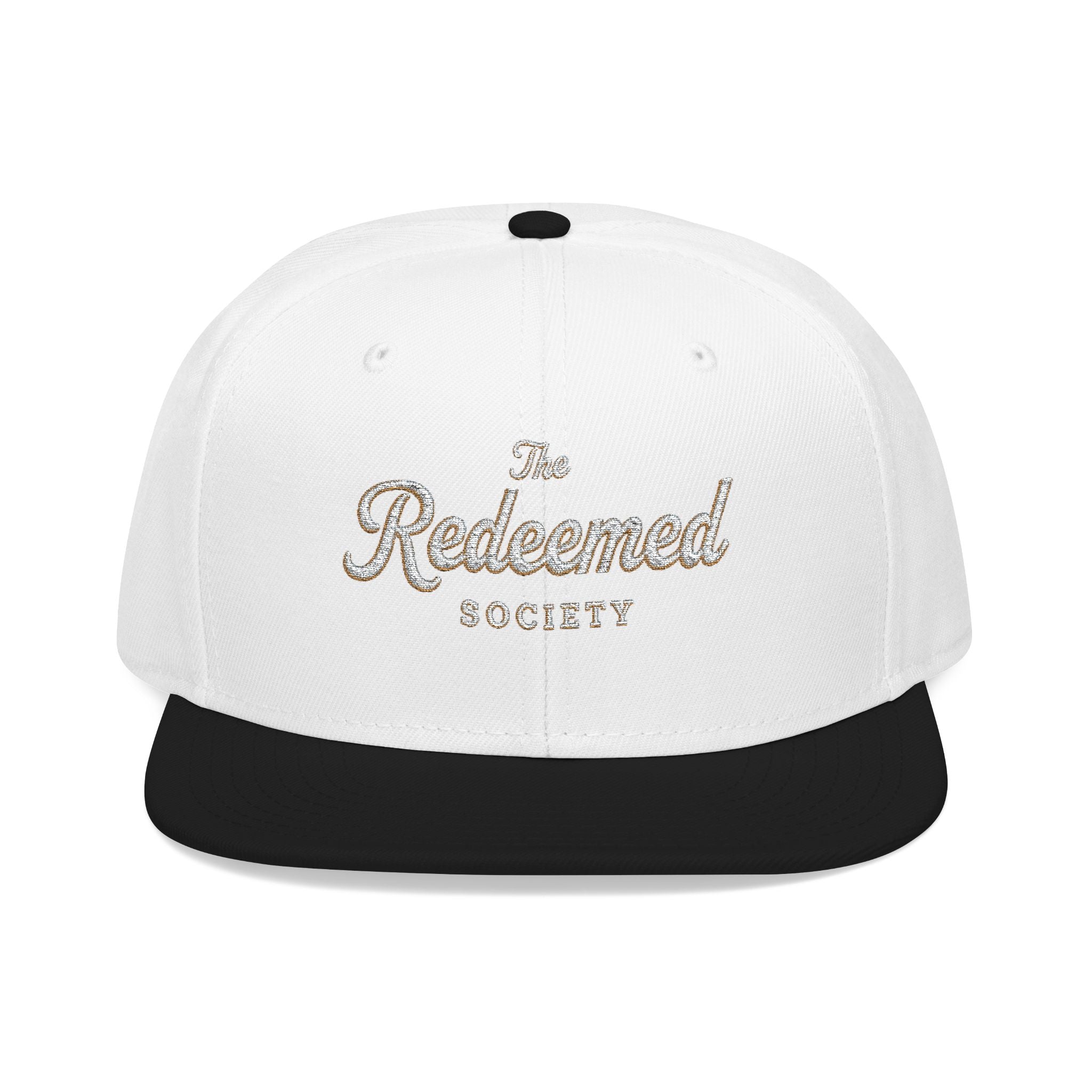 Diamond Script 'The Redeemed Society' Snapback Hat — White/Black Embroidered Baseball Cap