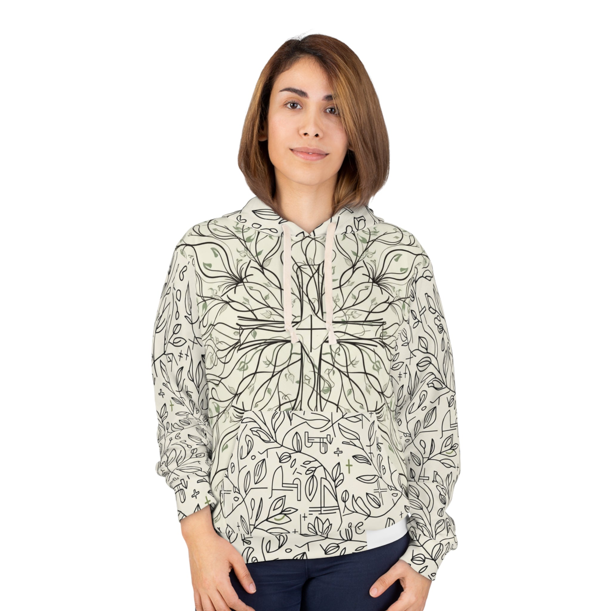 Botanical Line Art Hoodie — All-Over Print Nature Pullover