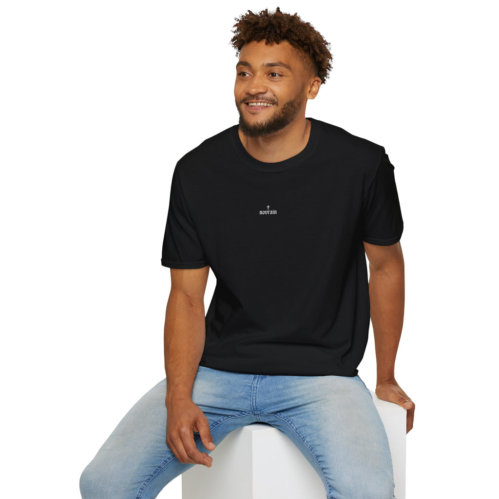Rose Thorn Crown Back Graphic — Novrain Front Graphic T-Shirt — Small White Text Tee