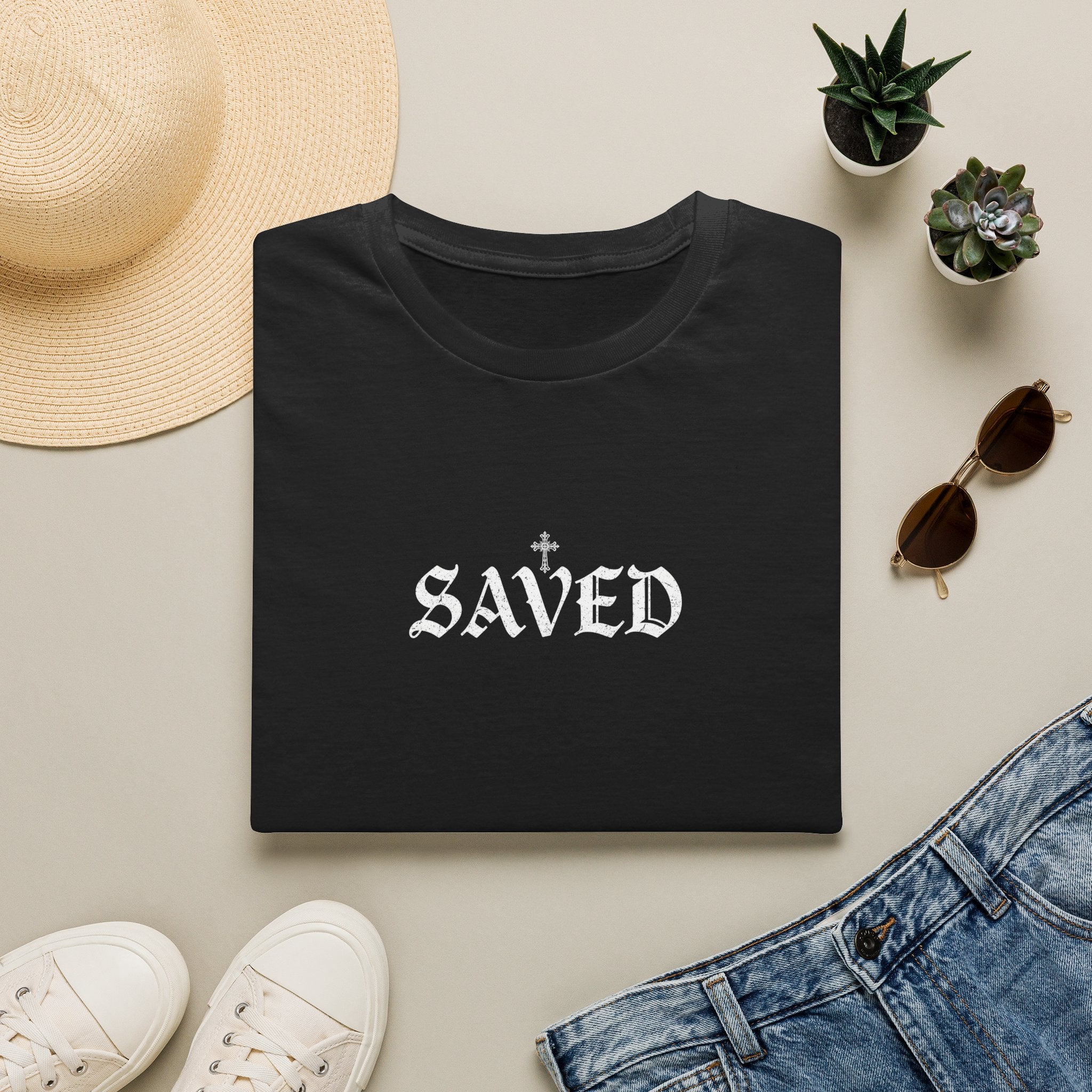 'Saved' Gothic Christian T-Shirt — Faith Shirt with Cross Gothic Text