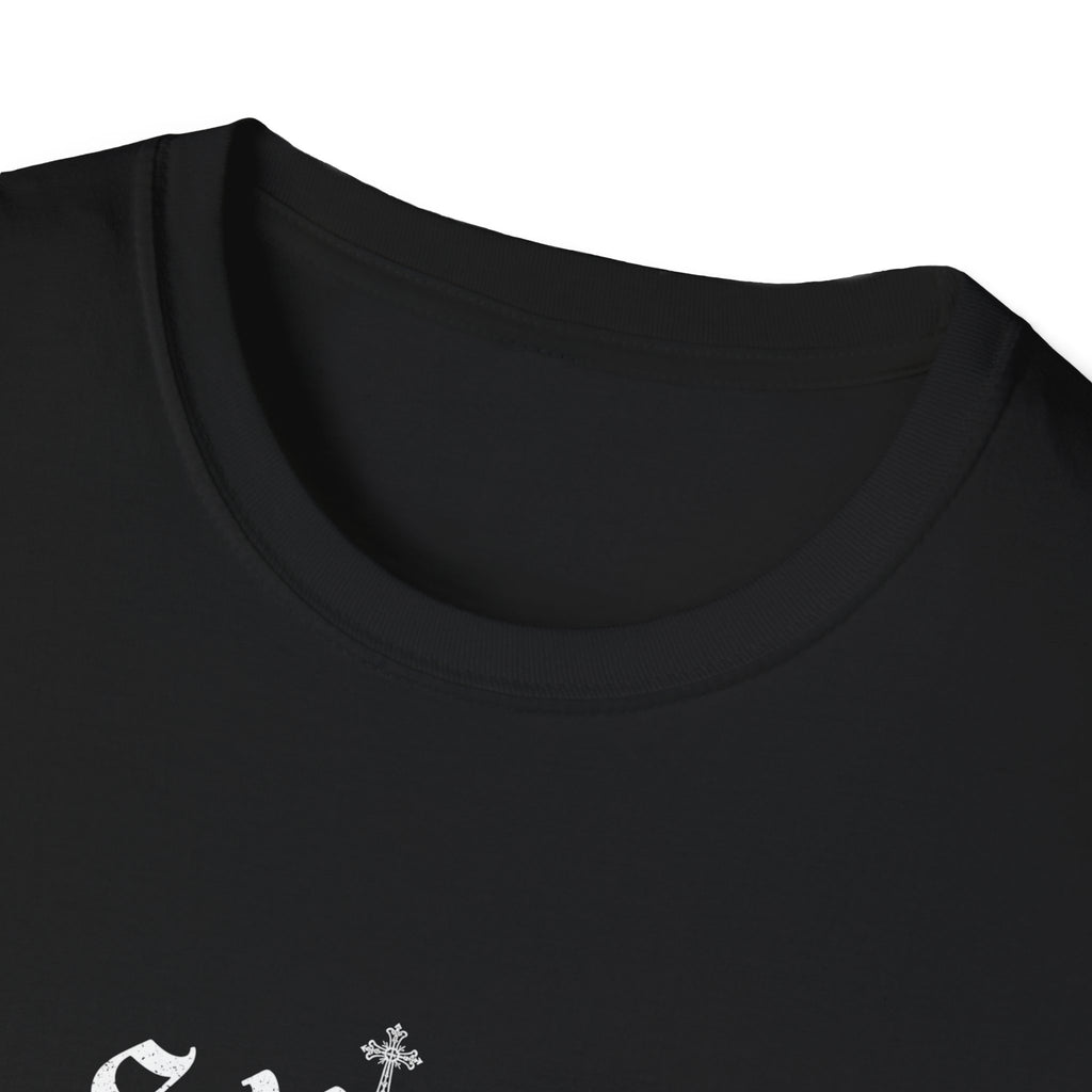 'Saved' Gothic Christian T-Shirt — Faith Shirt with Cross Gothic Text