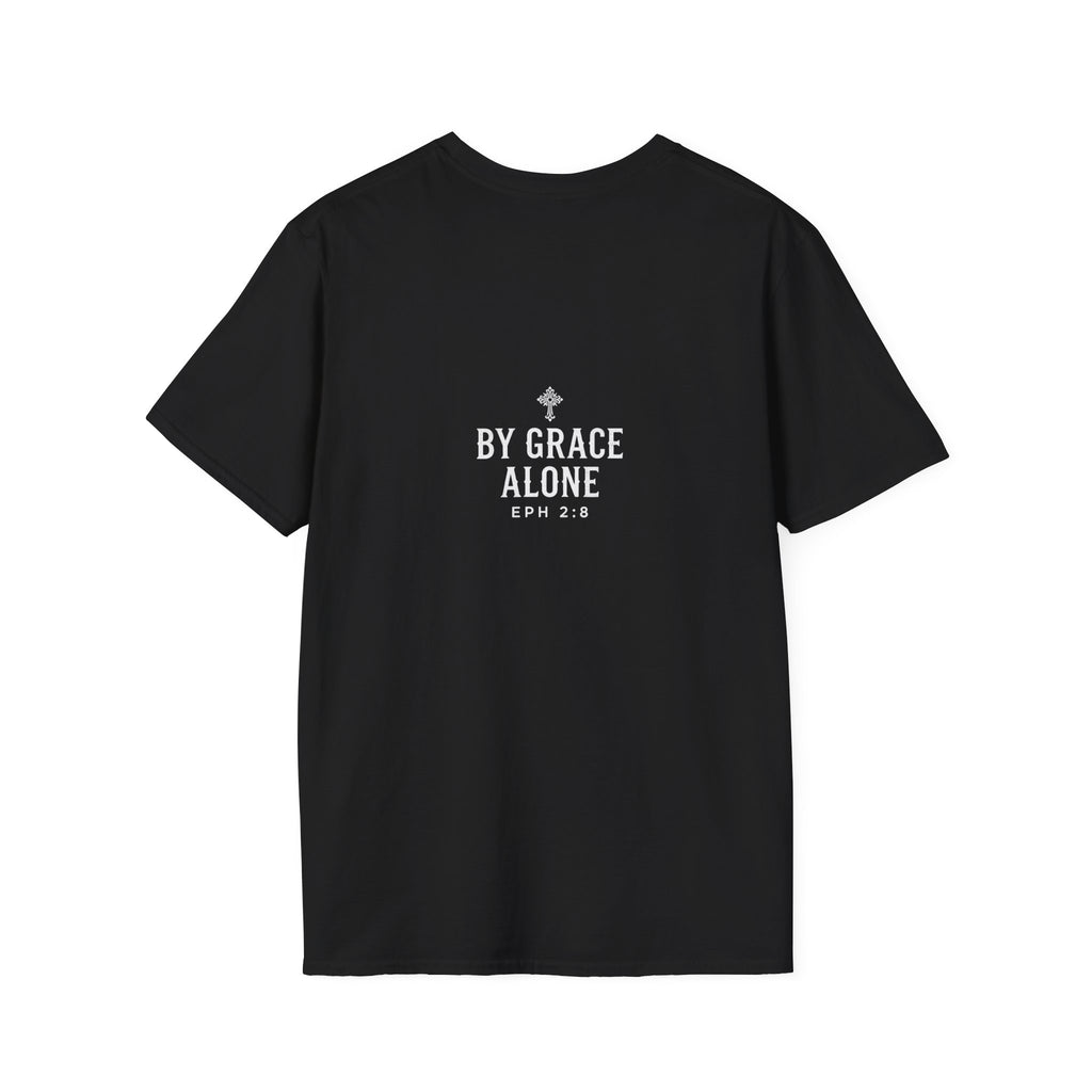 'Saved' Gothic Christian T-Shirt — Faith Shirt with Cross Gothic Text