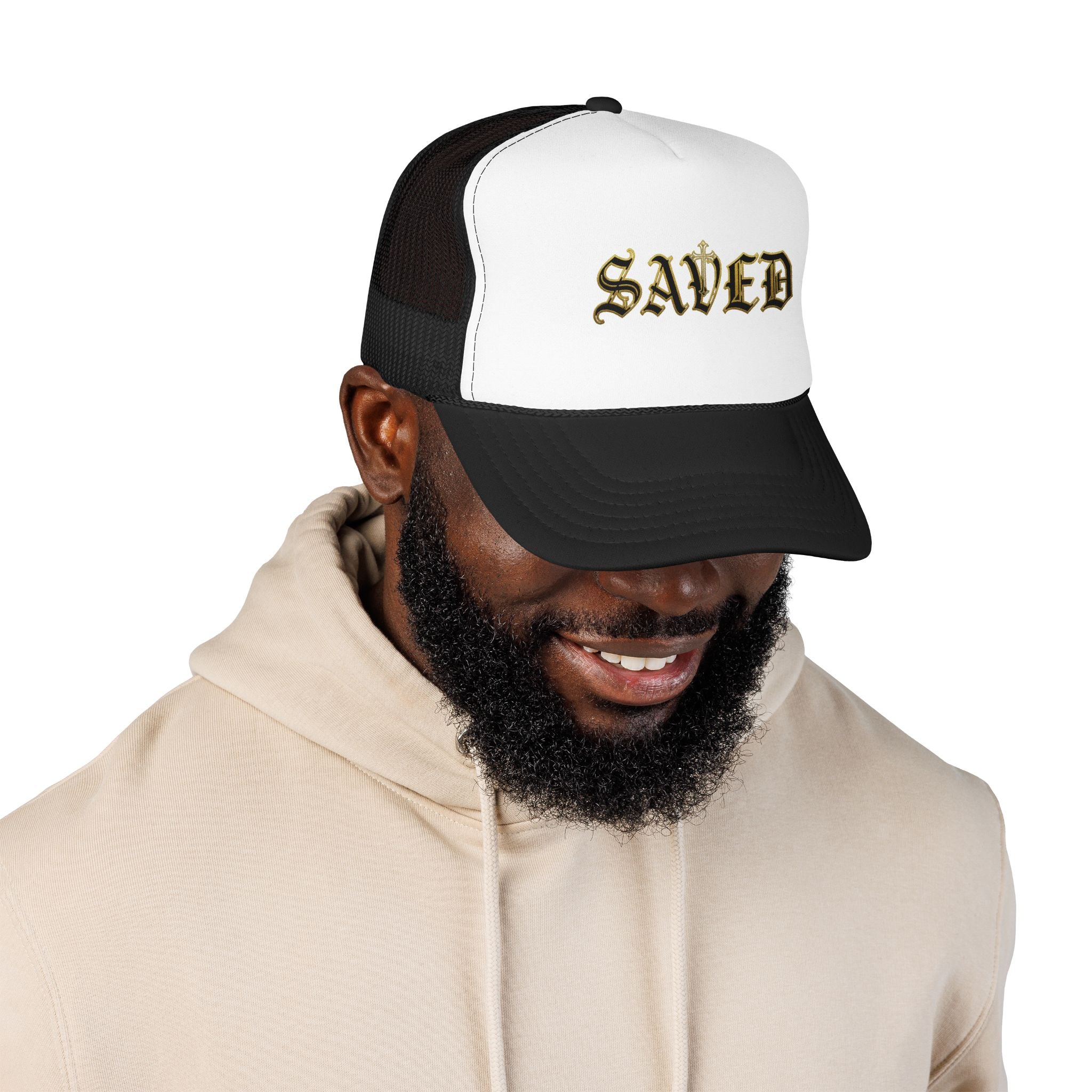 'Saved' Gothic Design Trucker Hat — Gold Gothic Script Foam Mesh Cap