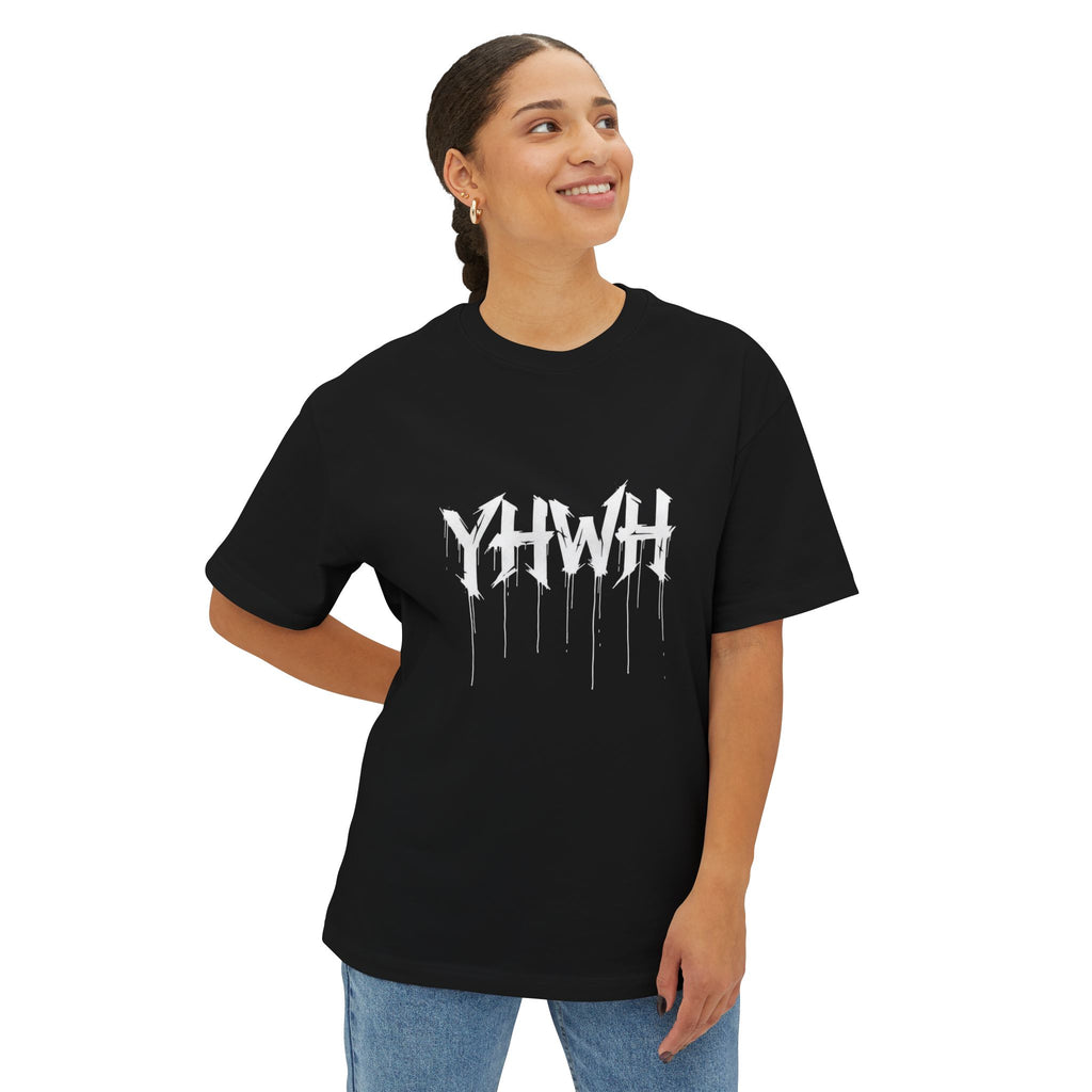 YHWH Drip Logo Boxy Tee — Gothic Faith Graphic T-Shirt (Eye Backprint)