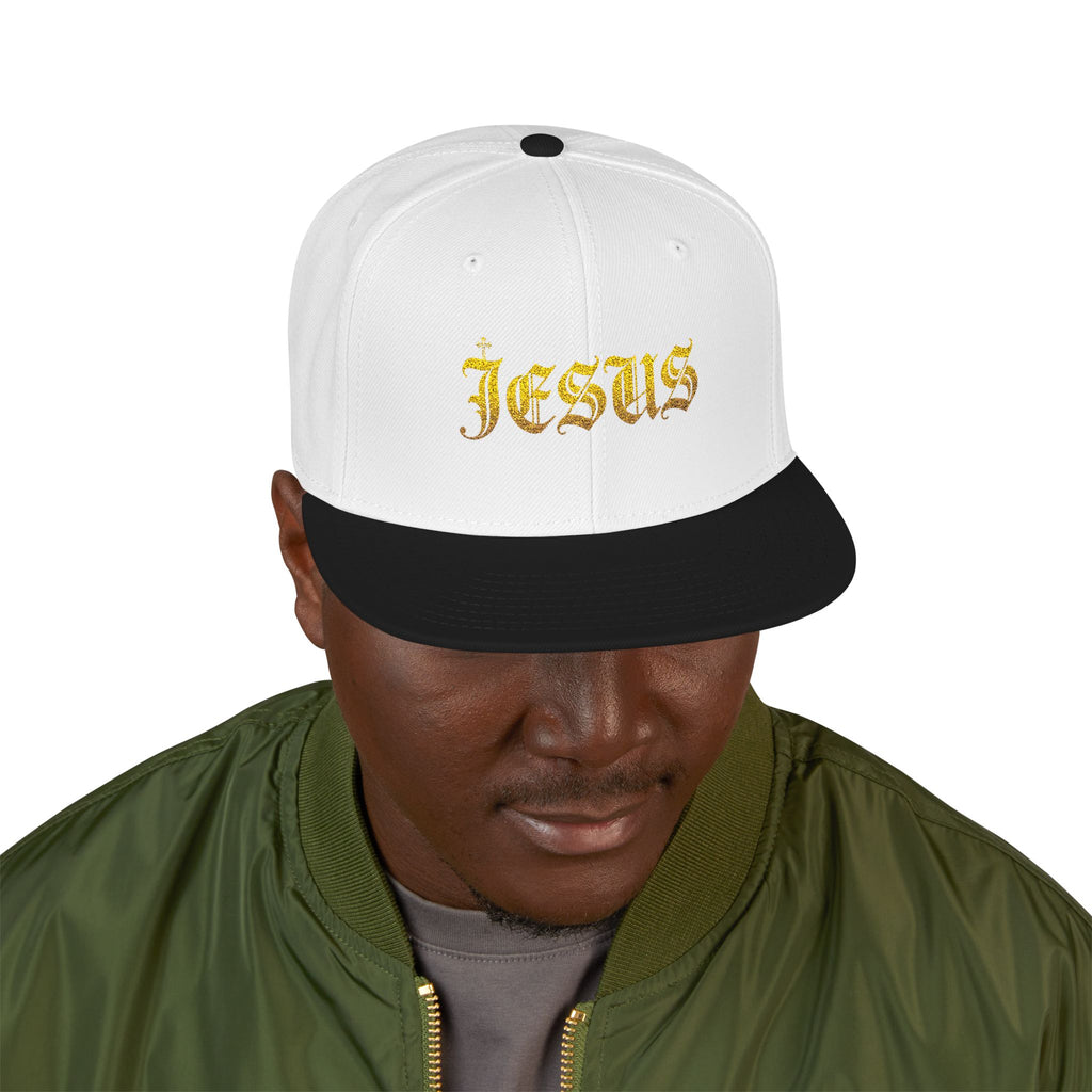 Embroidered 'Jesus' Gothic Gold Flame Snapback Hat