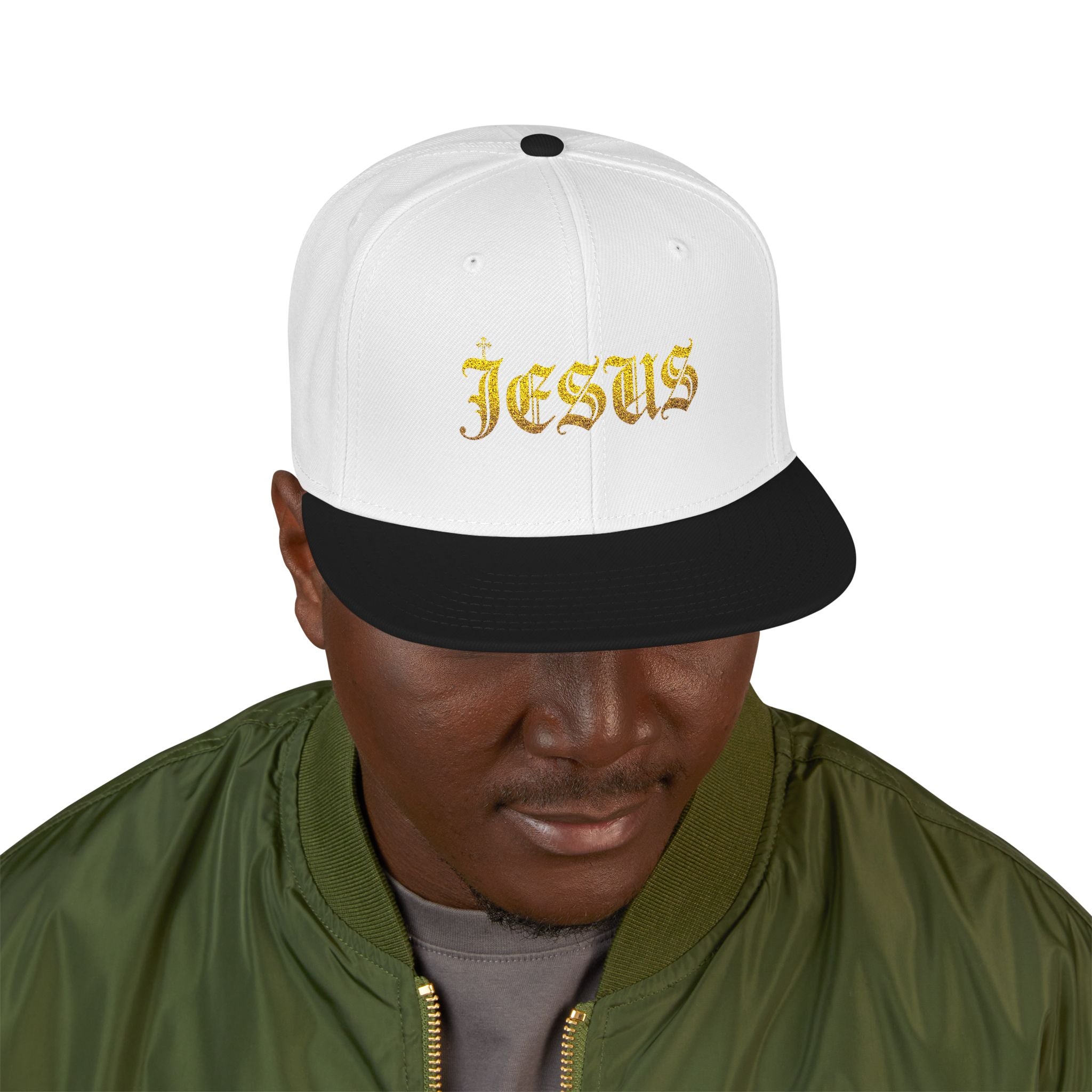 Embroidered 'Jesus' Gothic Gold Flame Snapback Hat