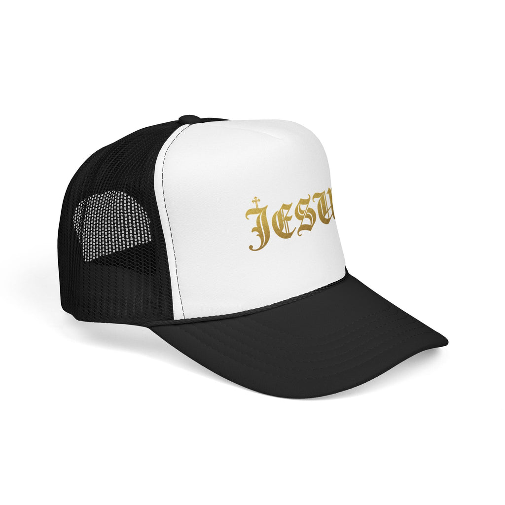 'Jesus' Gothic Font Trucker Hat — Gold Gothic Foam Cap