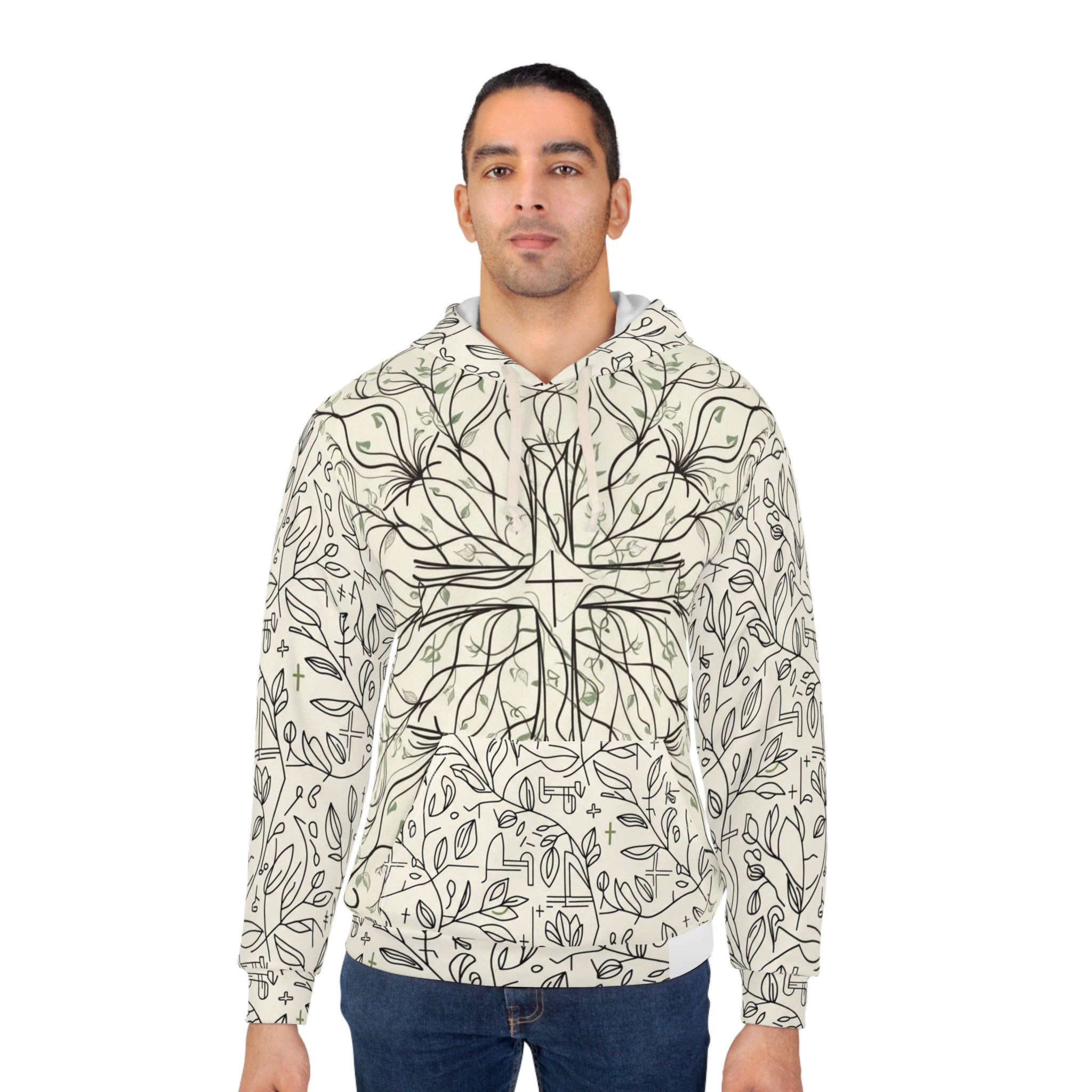 Botanical Line Art Hoodie — All-Over Print Nature Pullover