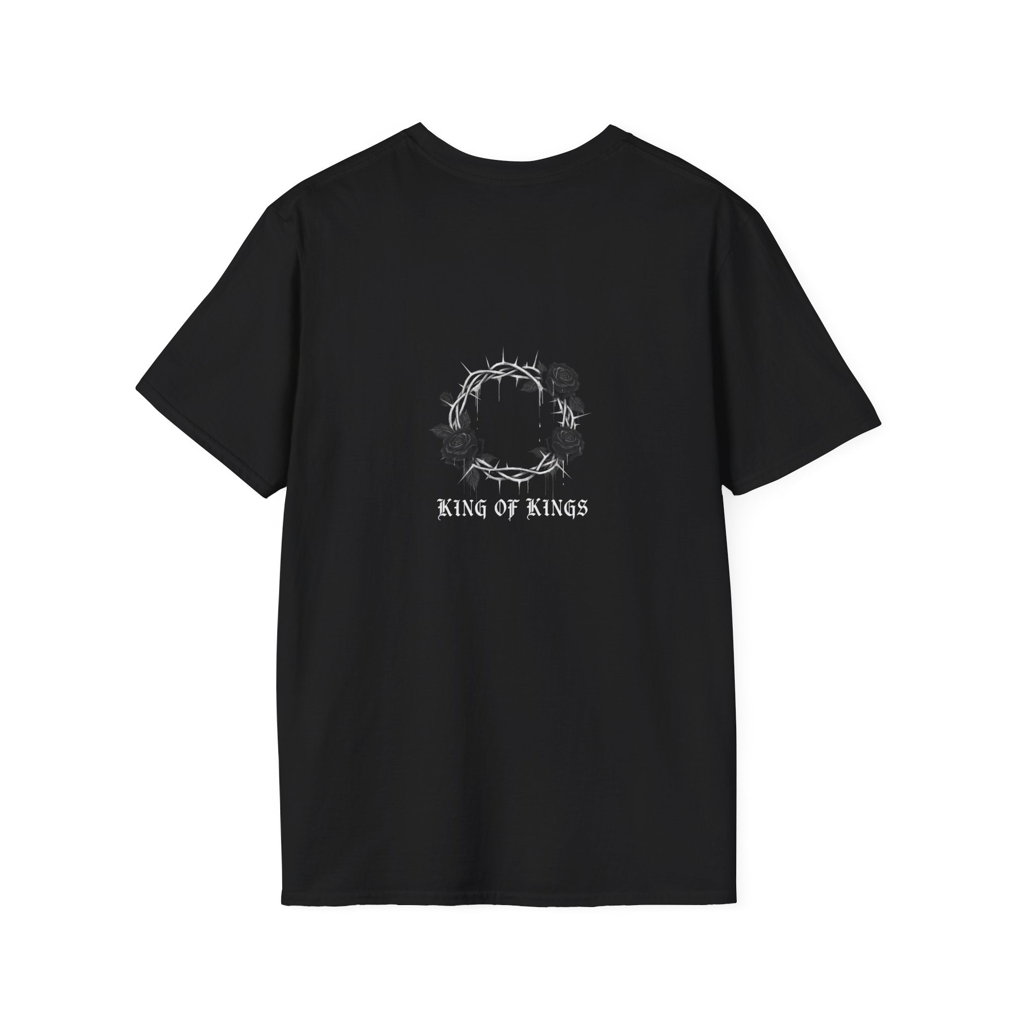 Rose Thorn Crown Back Graphic — Novrain Front Graphic T-Shirt — Small White Text Tee