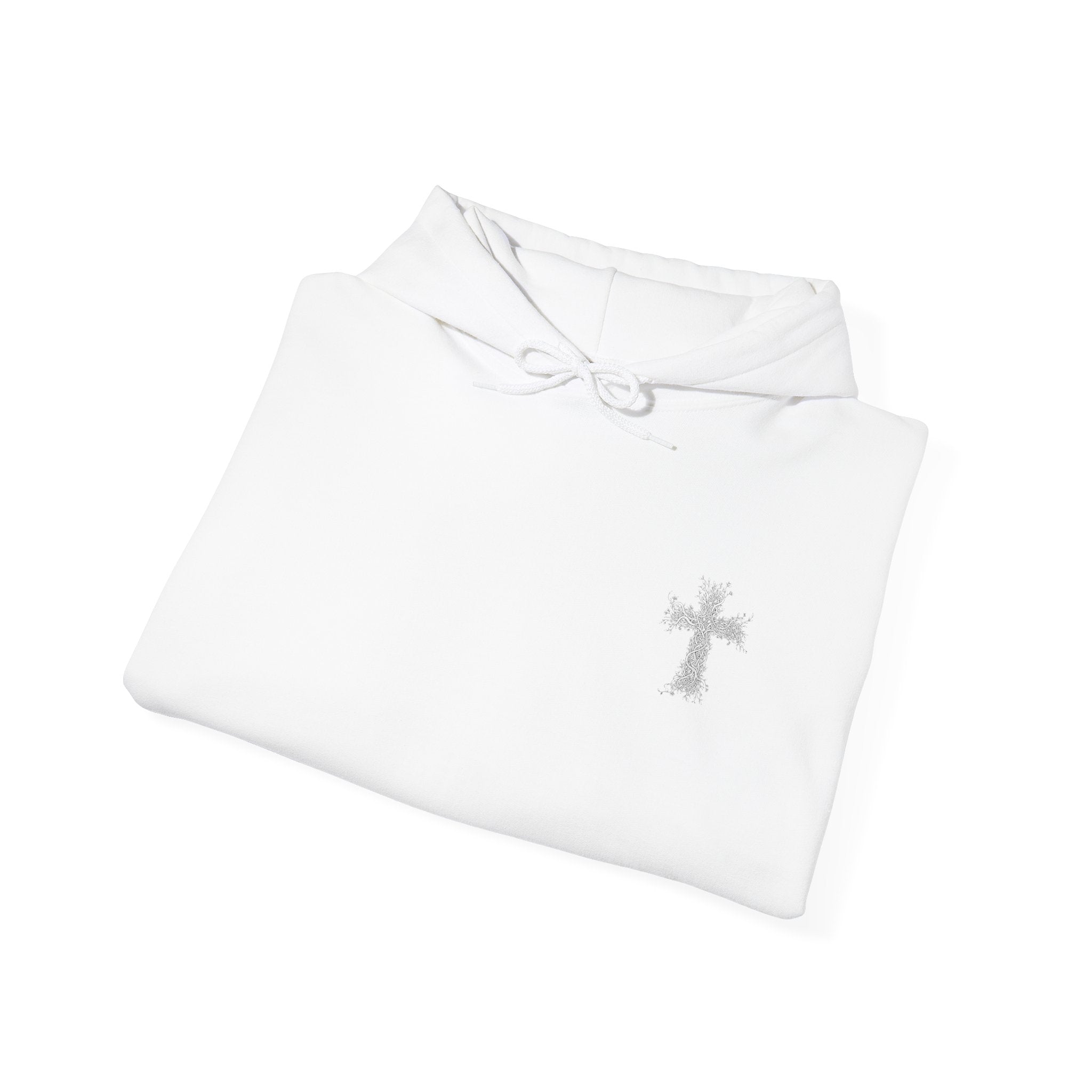 Embroidered Cross & Heart Hoodie — Minimal Faith-Inspired White Pullover