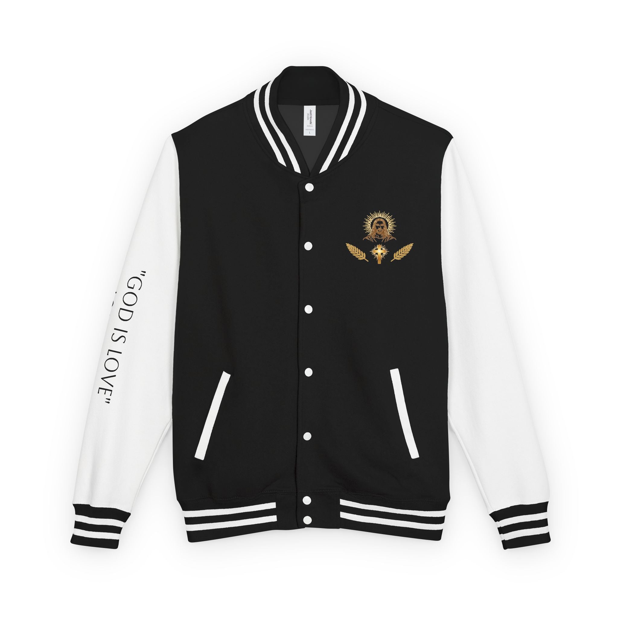 Black & White Letterman Jacket with Gold Sunflower Crest