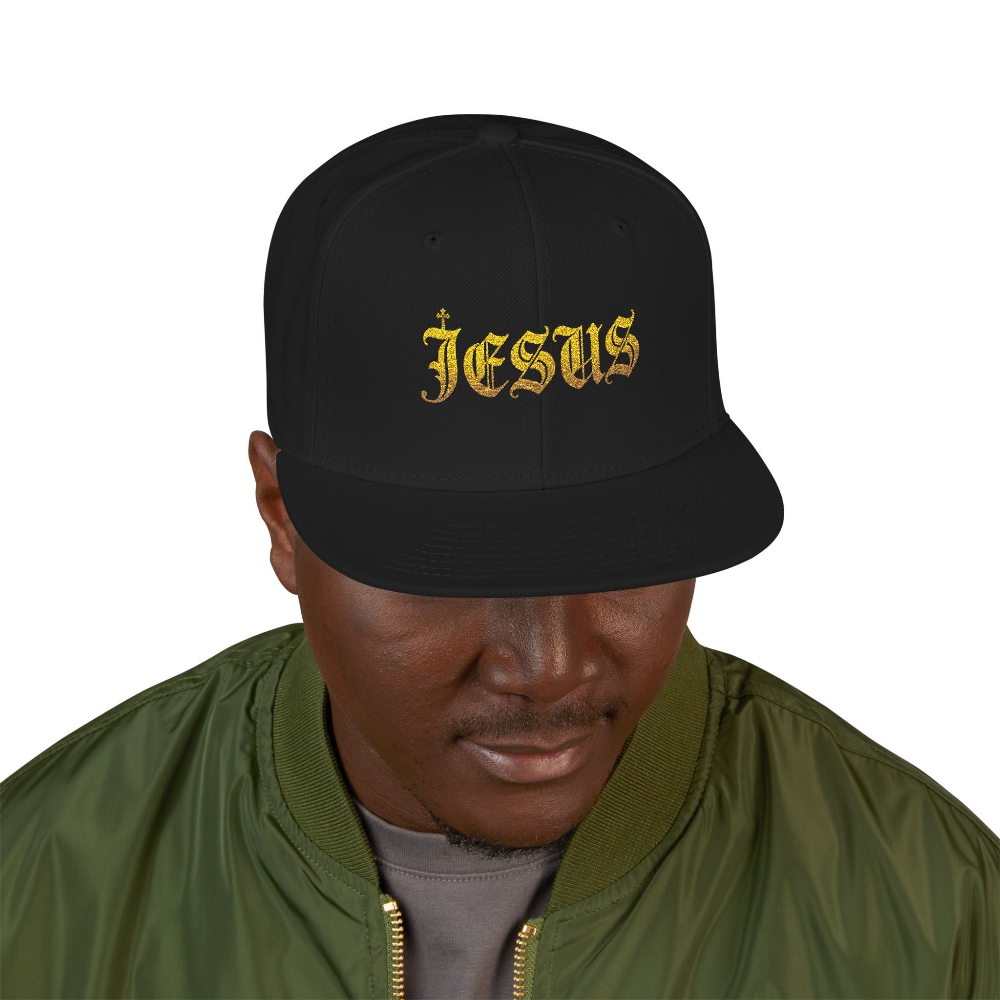 Embroidered 'Jesus' Gothic Gold Flame Snapback Hat