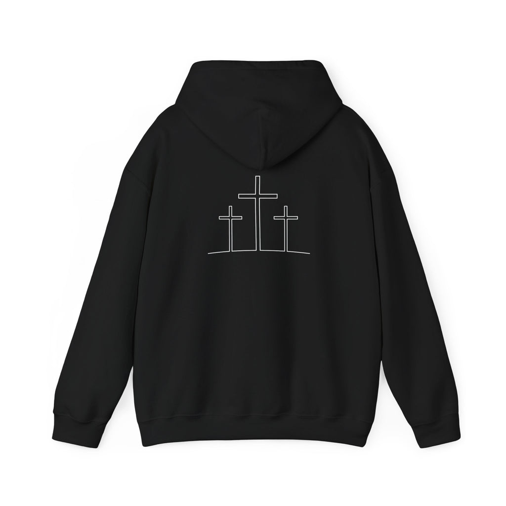 Christian Cross Hoodie — Minimal 'YHWH' Front with Three Crosses Back