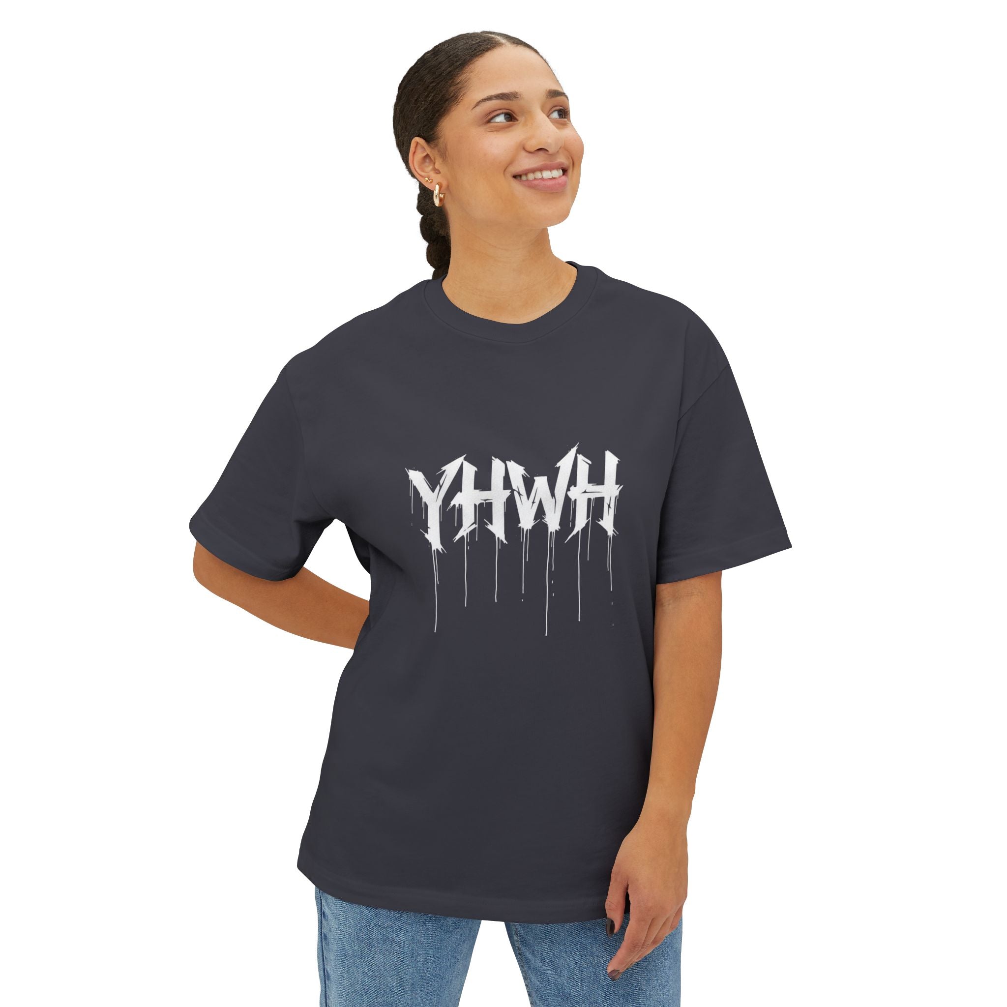 YHWH Drip Logo Boxy Tee — Gothic Faith Graphic T-Shirt (Eye Backprint)