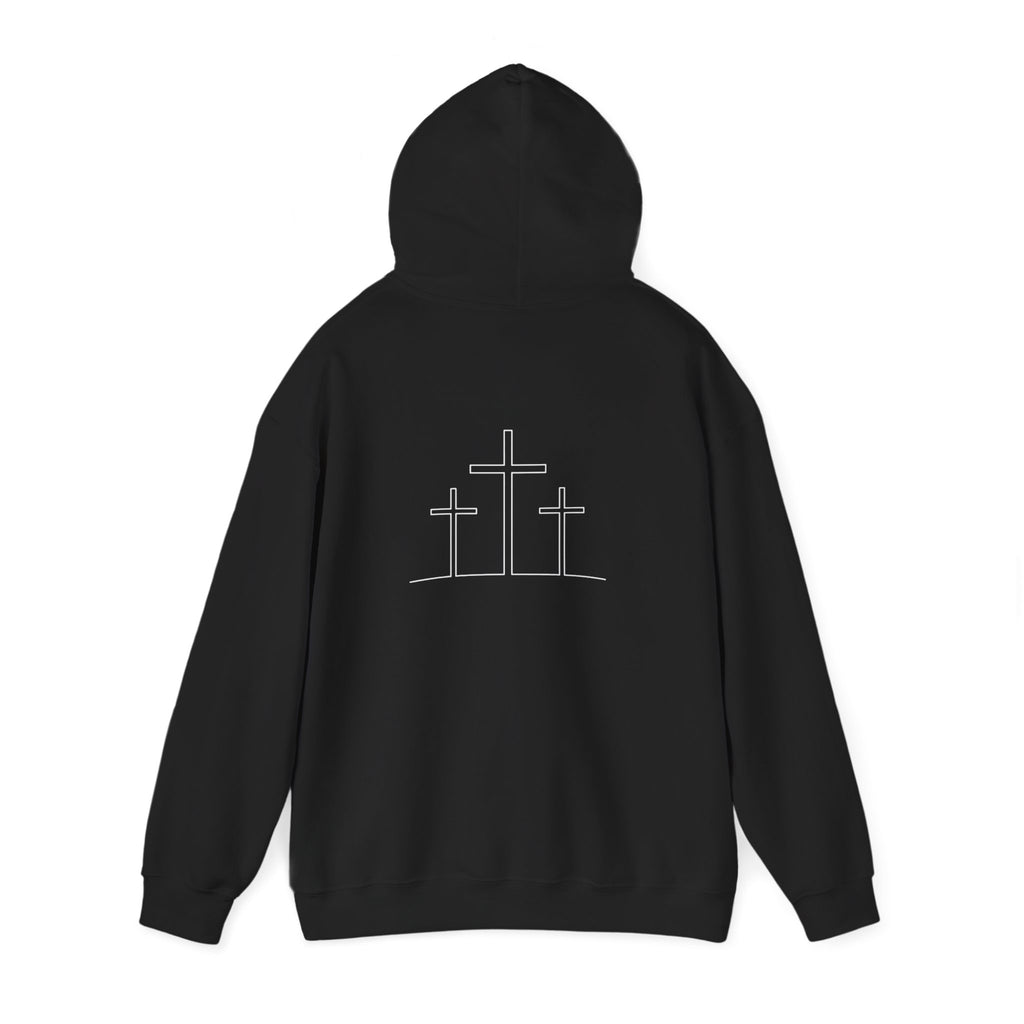 Christian Cross Hoodie — Minimal 'YHWH' Front with Three Crosses Back