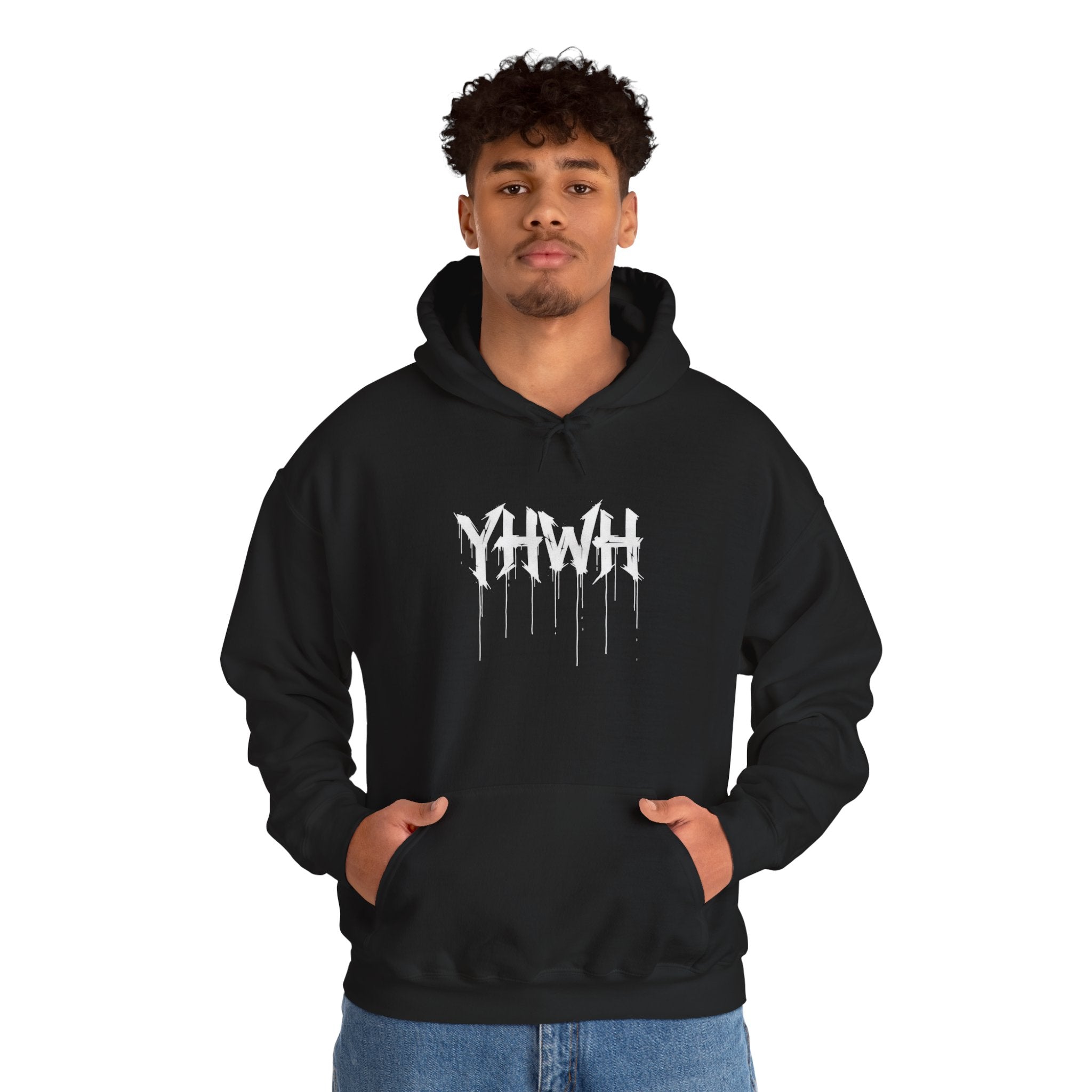 YHWH Drip Graphic Hoodie — Distressed Religious Cross Pullover