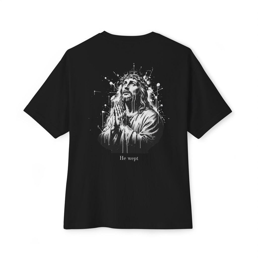 He Wept T-Shirt — Minimal Japanese Front Text & Praying Jesus Back Graphic