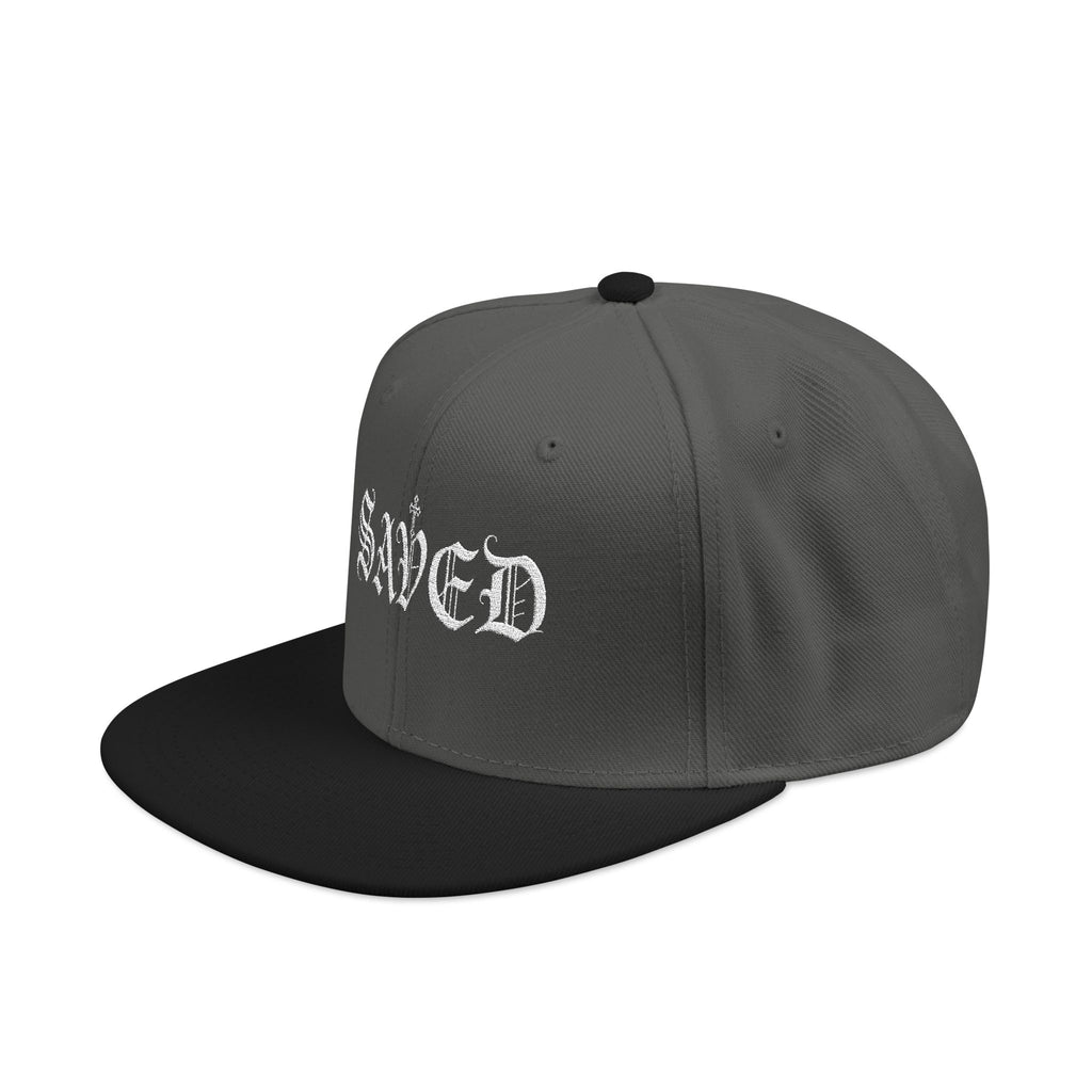 Embroidered 'Saved' Gothic Snapback Hat — Adjustable Black & Charcoal Cap