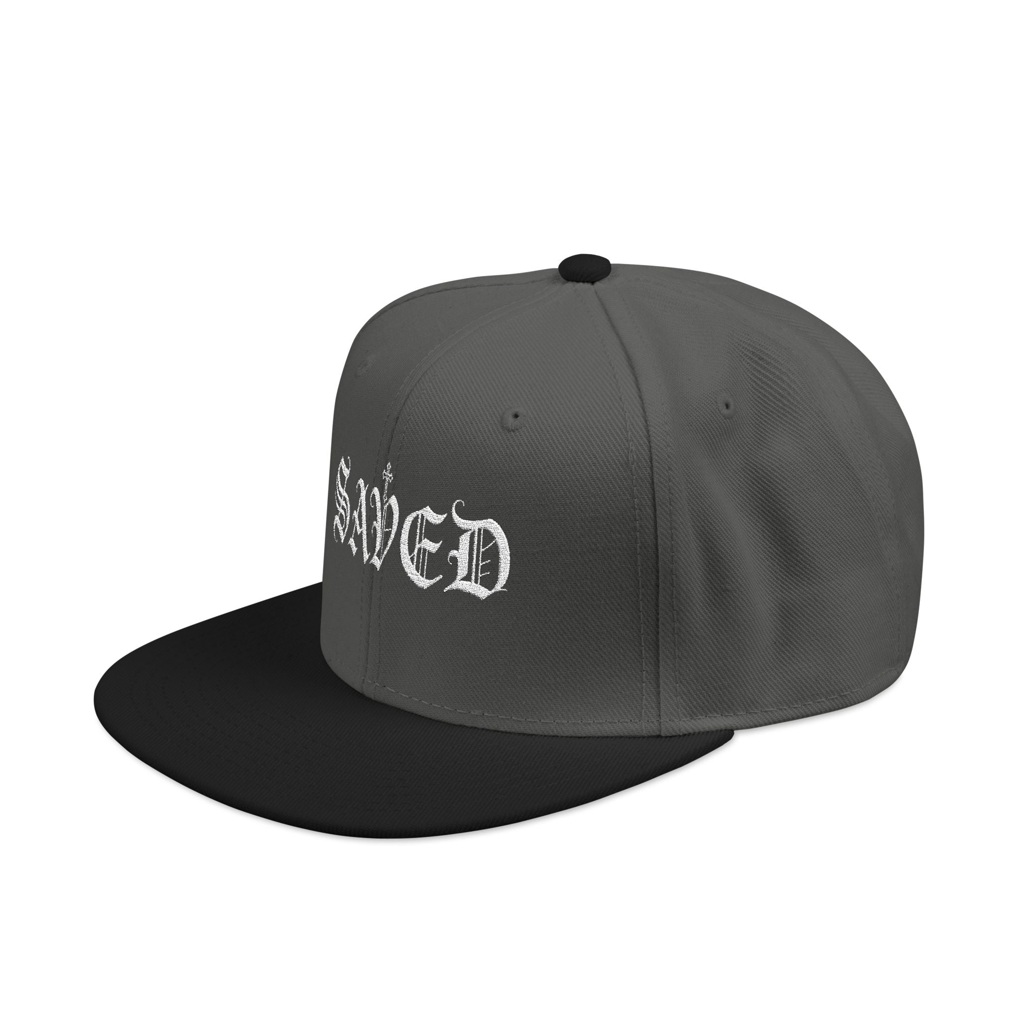 Embroidered 'Saved' Gothic Snapback Hat — Adjustable Black & Charcoal Cap
