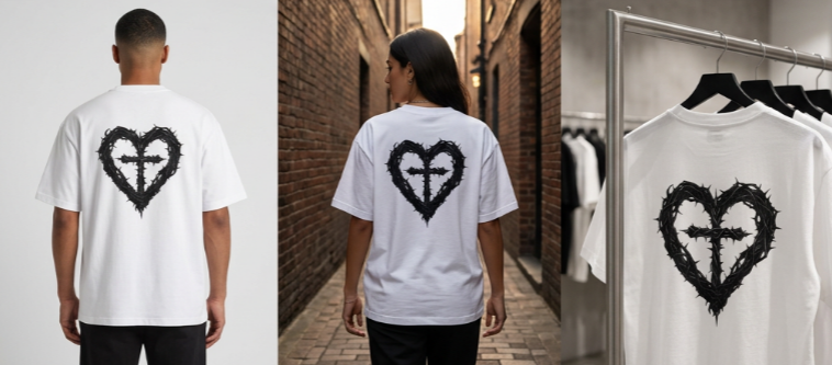 Heavyweight Men’s Tee — Crown of Thorns Heart & Cross Graphic