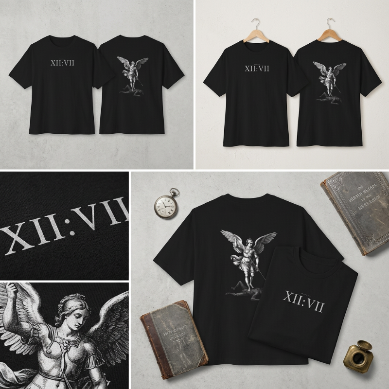 Boxy Tee — Revelations XII:VII Front with Raphael Inspired Illustration Back