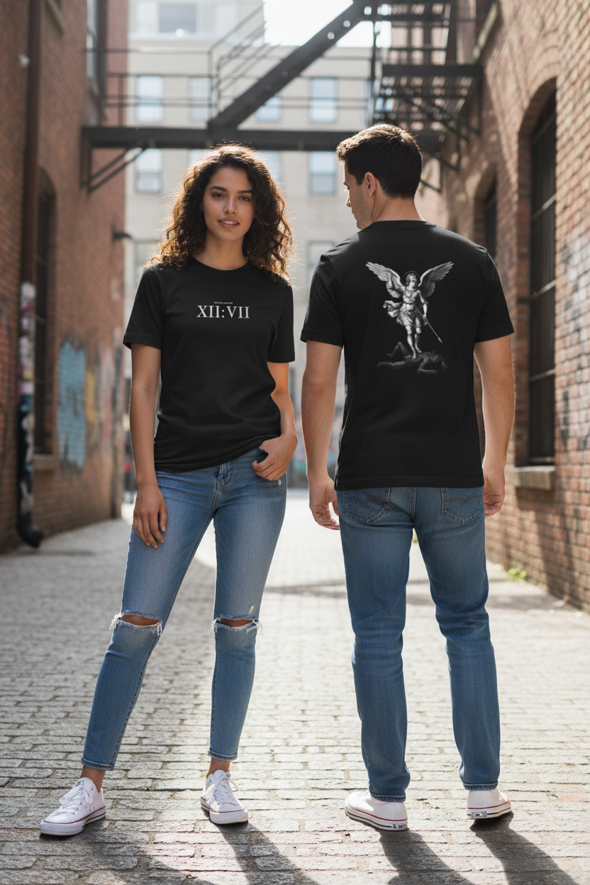 Revelations XII:VII Tee — Raphael Inspired Graphic Black T-Shirt