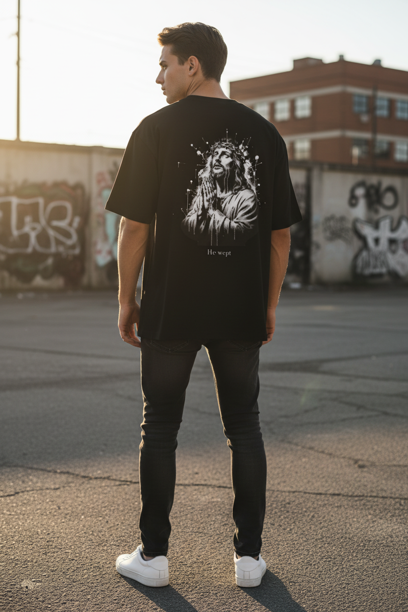 He Wept T-Shirt — Minimal Japanese Front Text & Praying Jesus Back Graphic