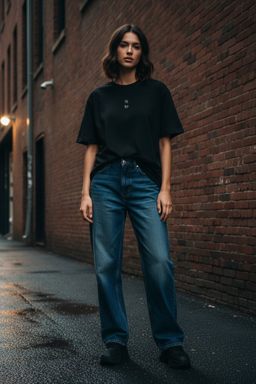 Minimalist "信仰" Tee — Oversized Boxy Black T-Shirt