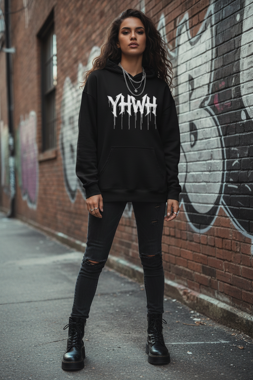 YHWH Drip Graphic Hoodie — Spiritual Gothic Pullover with All-Seeing Eye Back Design