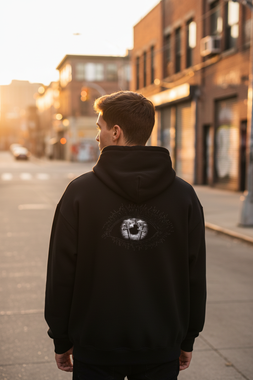 YHWH Drip Graphic Hoodie — Spiritual Gothic Pullover with All-Seeing Eye Back Design