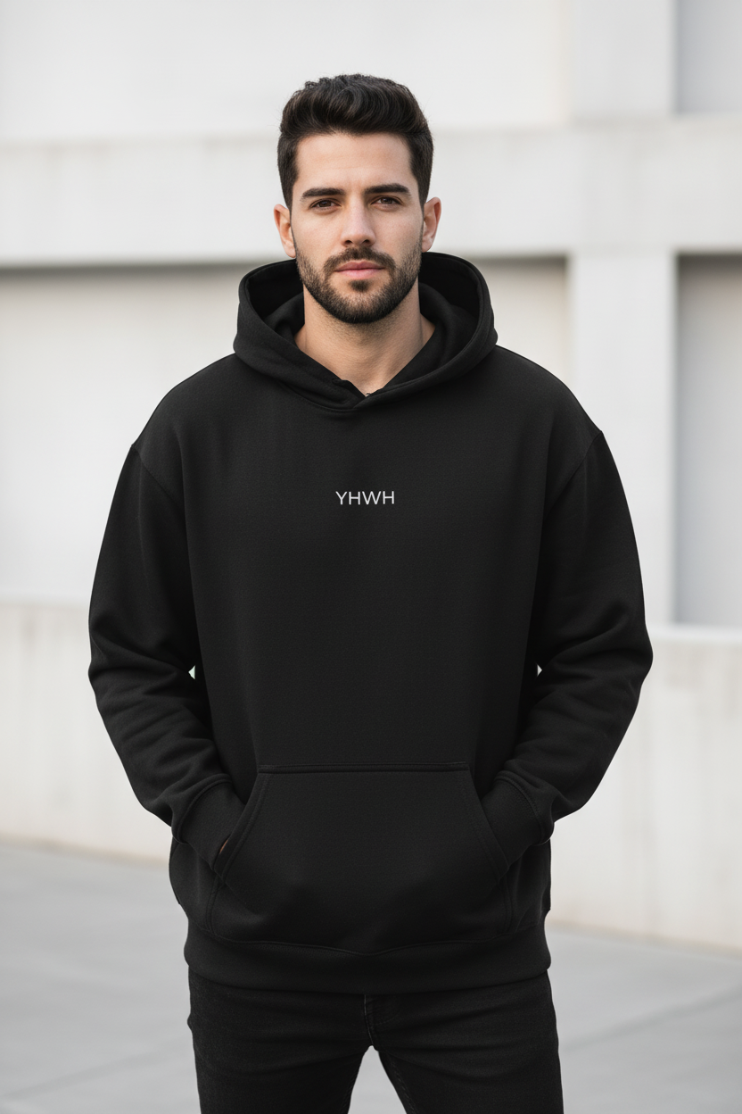 Christian Cross Hoodie — Minimal 'YHWH' Front with Three Crosses Back
