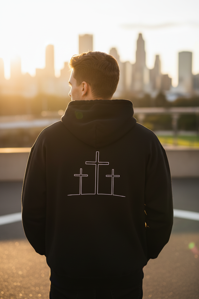 Christian Cross Hoodie — Minimal 'YHWH' Front with Three Crosses Back