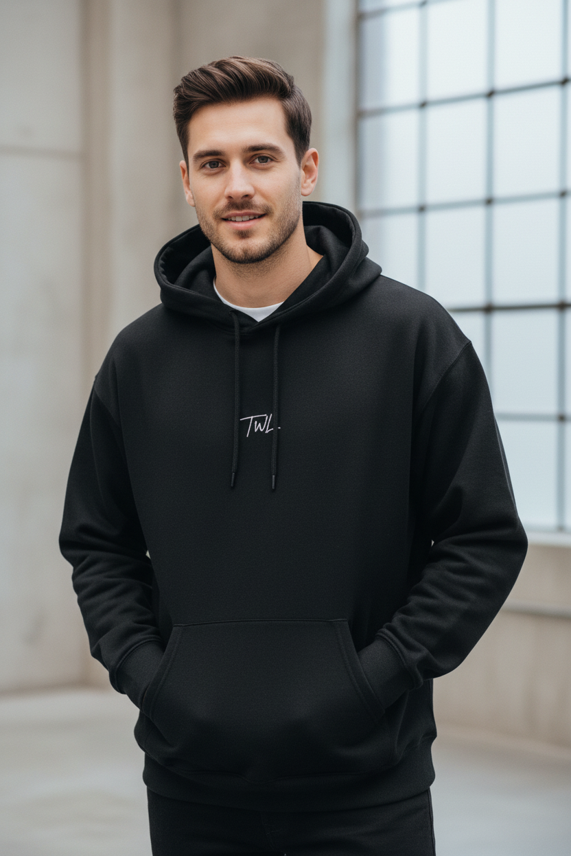 TWL Script Hoodie — Minimal Black Pullover with White Signature Logo