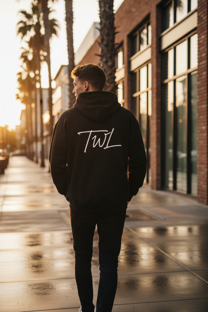TWL Script Hoodie — Minimal Black Pullover with White Signature Logo