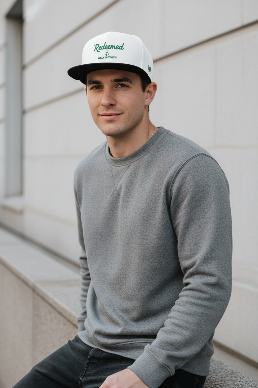 Embroidered 'Redeemed Walk in Truth' Snapback Hat With Side Design – White & Black Adjustable Cap