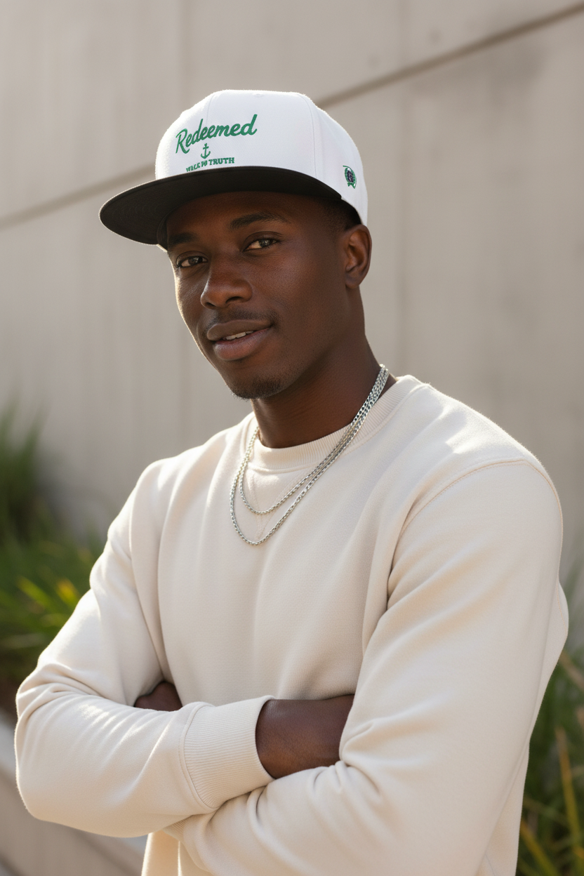 Embroidered 'Redeemed Walk in Truth' Snapback Hat With Side Design – White & Black Adjustable Cap