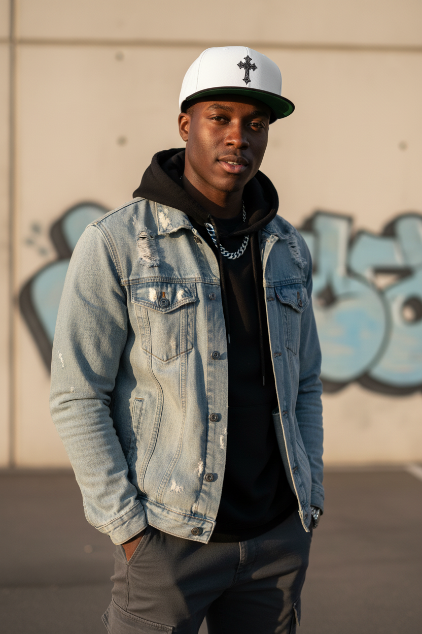 Embroidered Gothic Cross Snapback Hat — Black & White Streetwear Cap