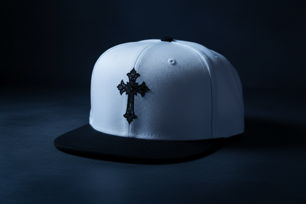 Embroidered Gothic Cross Snapback Hat — Black & White Streetwear Cap