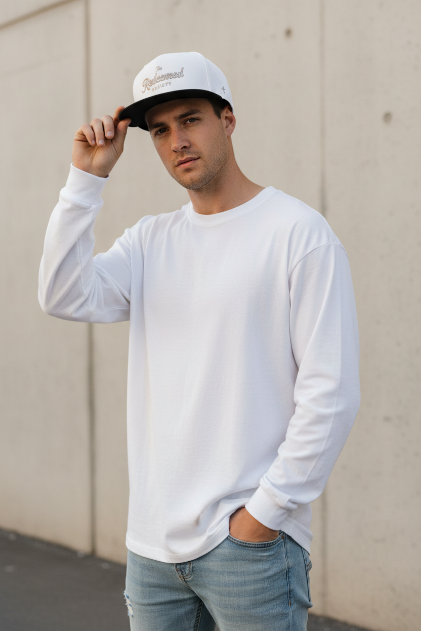 Diamond Script 'The Redeemed Society' Snapback Hat — White/Black Embroidered Baseball Cap