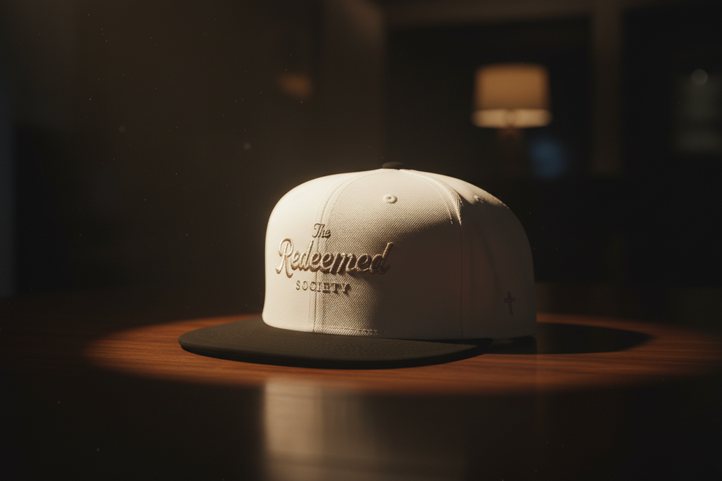 Diamond Script 'The Redeemed Society' Snapback Hat — White/Black Embroidered Baseball Cap