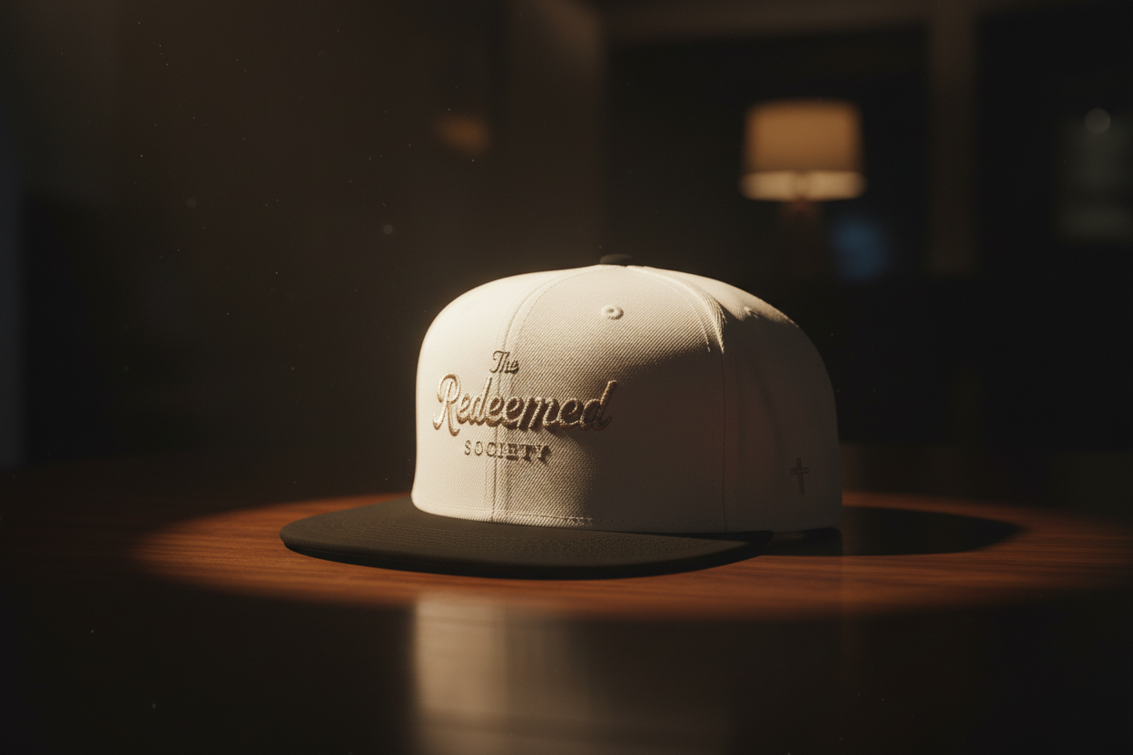 Diamond Script 'The Redeemed Society' Snapback Hat — White/Black Embroidered Baseball Cap