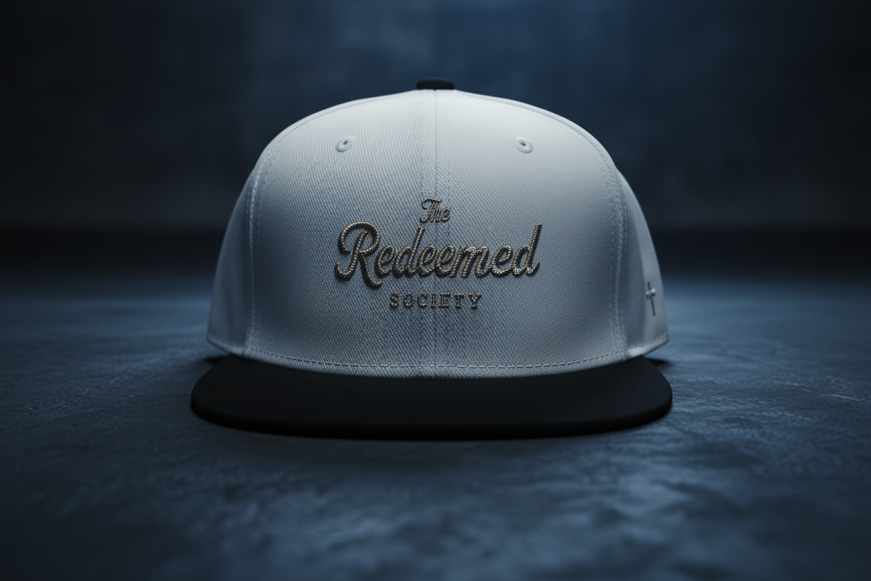 Diamond Script 'The Redeemed Society' Snapback Hat — White/Black Embroidered Baseball Cap