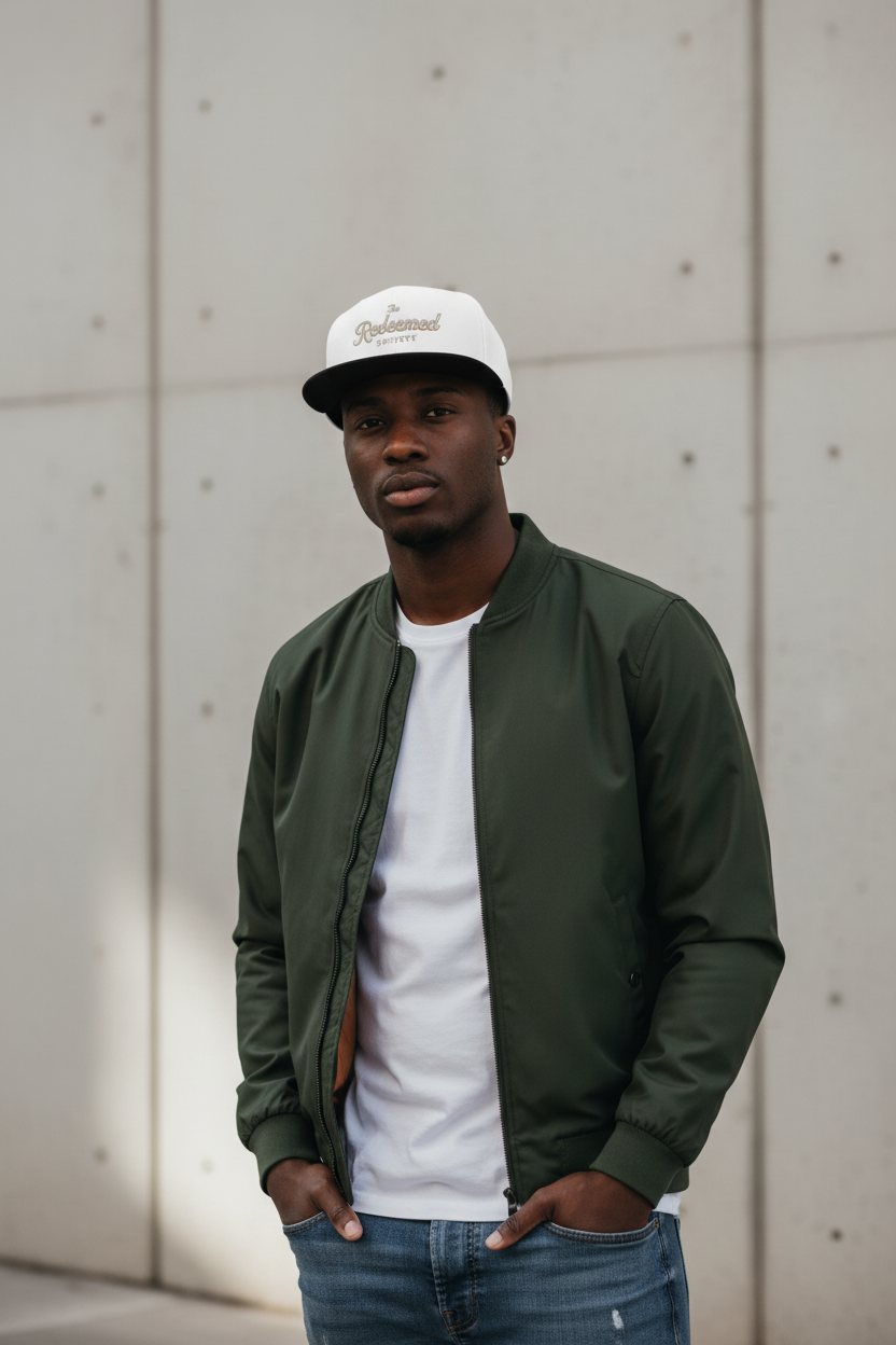 Embroidered "The Redeemed Society" Script Snapback Hat — No side design — Rhinestone “Blessed” Design