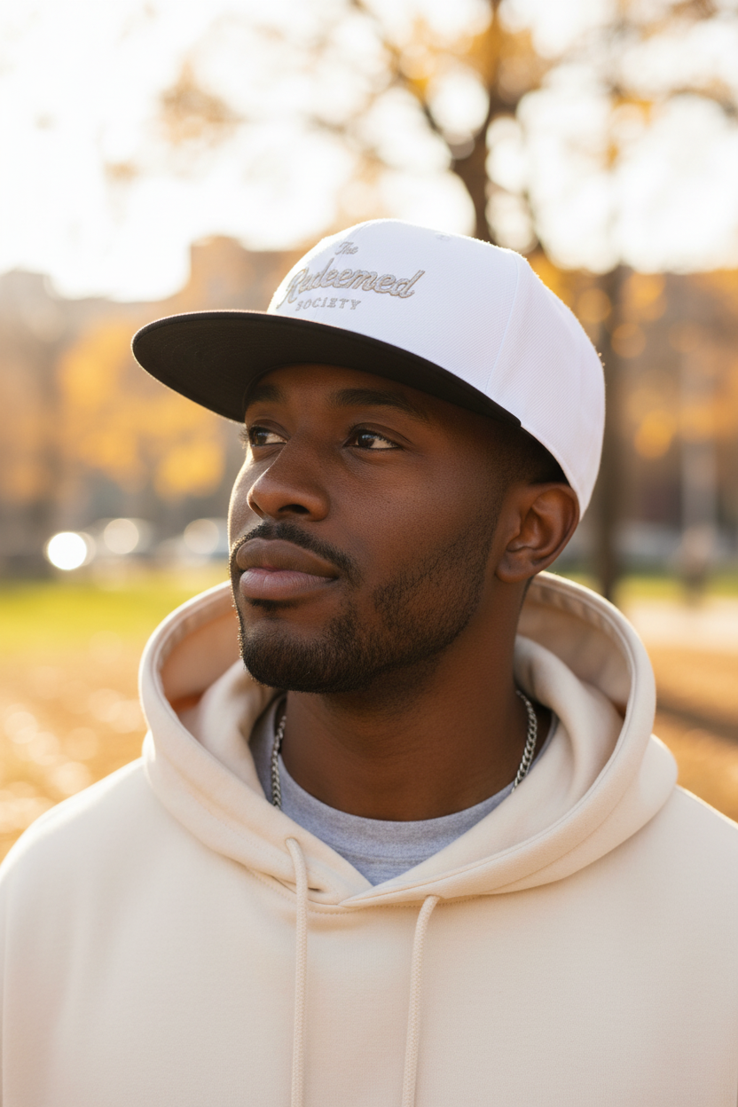 Embroidered "The Redeemed Society" Script Snapback Hat — No side design — Rhinestone “Blessed” Design